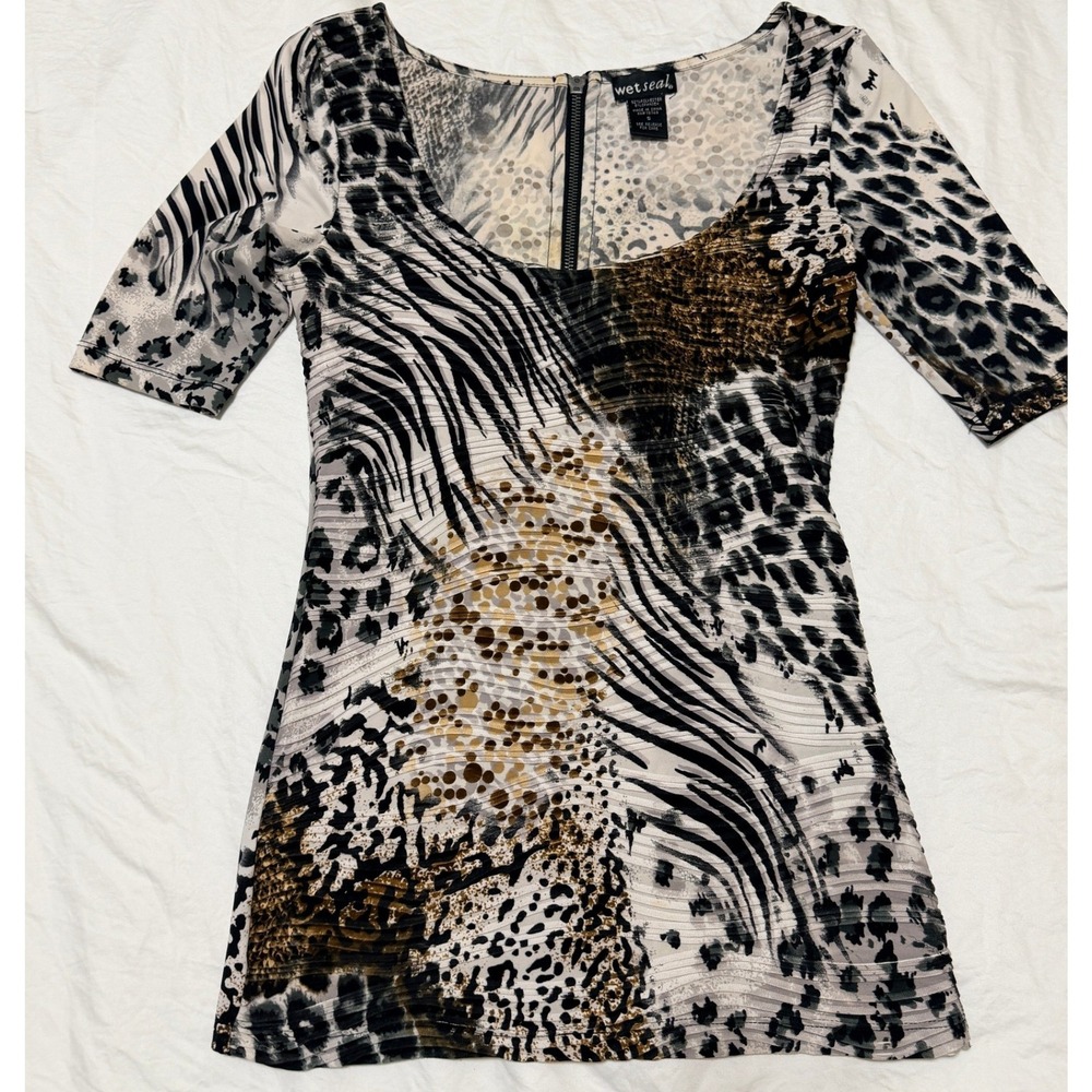 Wet Seal Animal Print Mixed Media Top Scoop Short Sleeve Womens Small 90s y2k